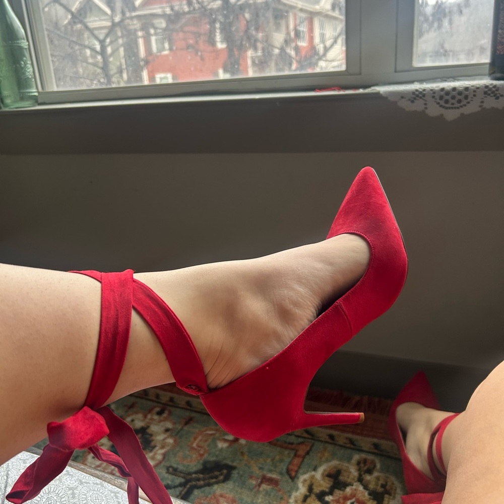 Red Suede Wrap-Tie Pumps